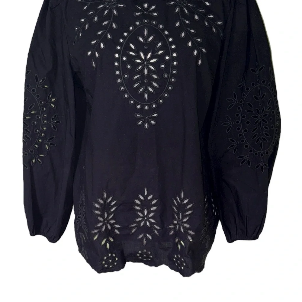 J. Crew Black Embroidered Eyelet Cotton Poplin Ruffle Mockneck Blouse - M